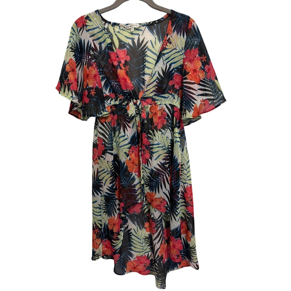 Nowadays Metallic Thread Sheer Cover Up Robe Hibiscus Tie Waist Beachy Boho M‎